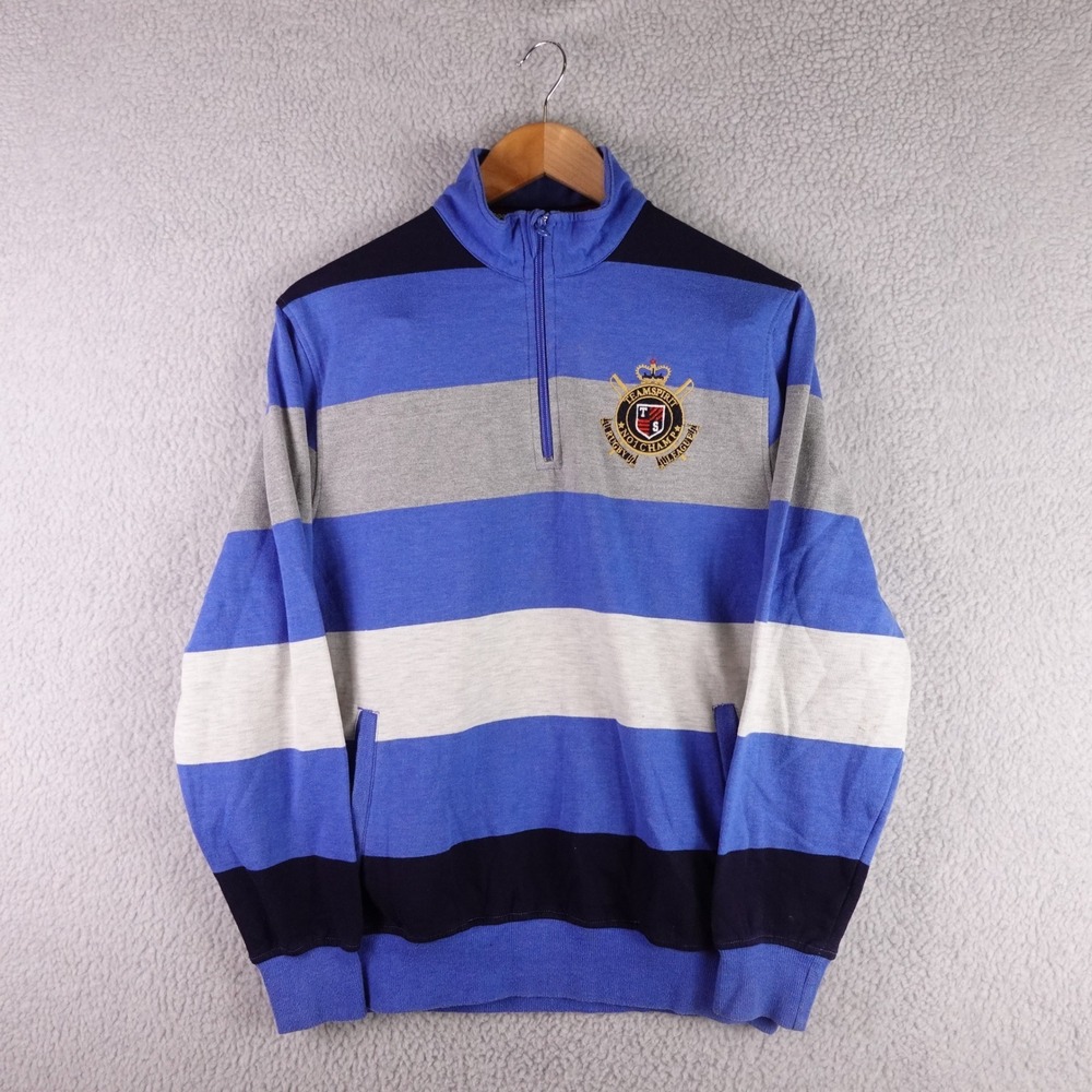 Teamspirit Mens‎ Quarter Zip Pullover Striped Rugby League Crest Blue Large